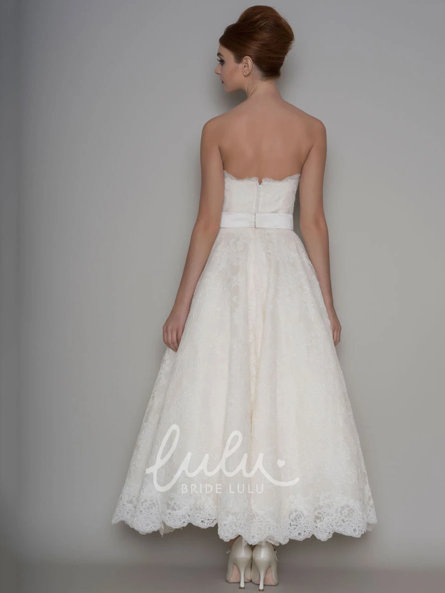 Lace Strapless Ankle-Length A-Line Wedding Dress with Bow Elegant Bridal Gown