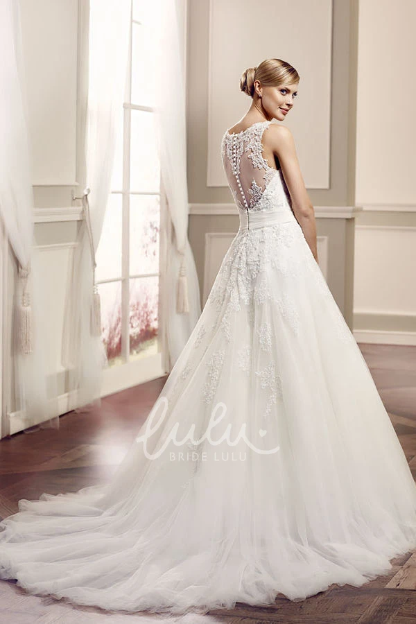 V-Neck Tulle Ball-Gown Wedding Dress with Illusion Back Flowy Bridal Gown