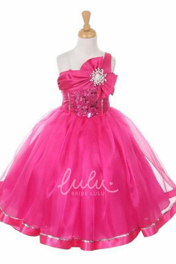 Sequin Broach Tea-Length Flower Girl Dress with Organza Sash Classy Prom Dress