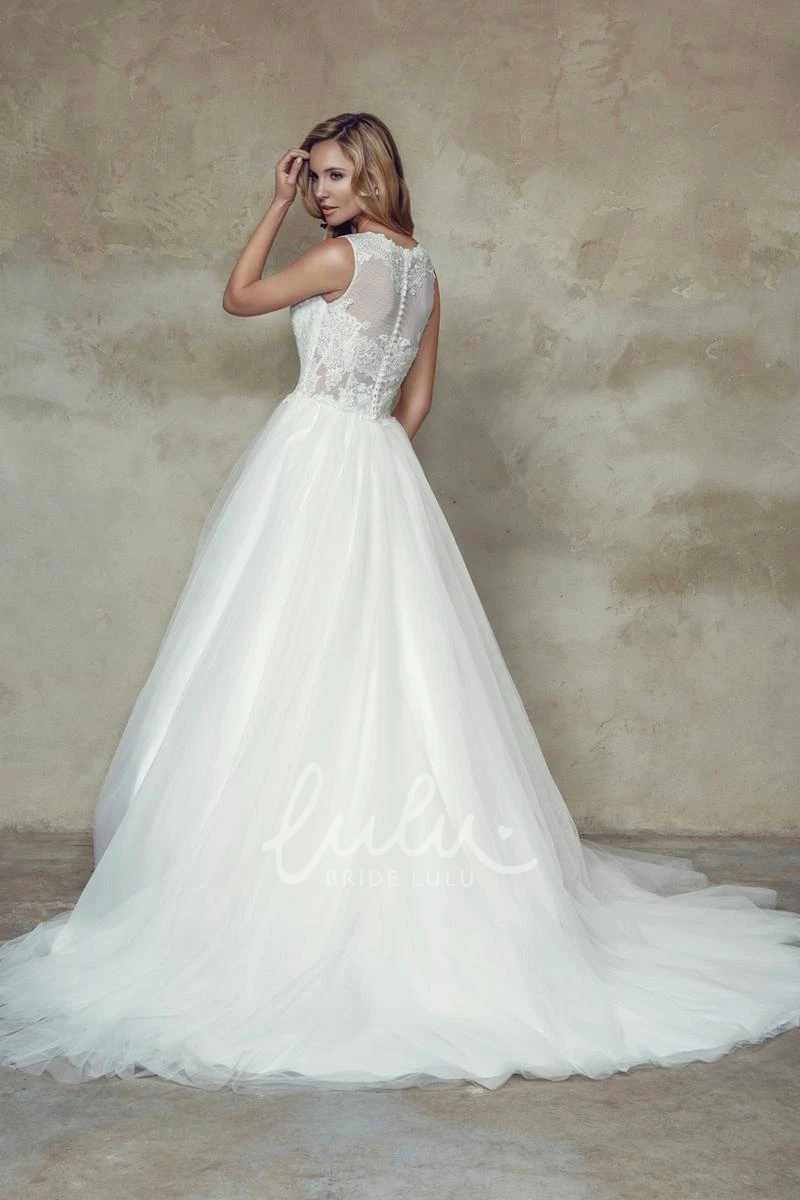 Ball-Gown Wedding Dress with Court Train and Illusion Back Sleeveless Appliqued Lace & Satin Dress