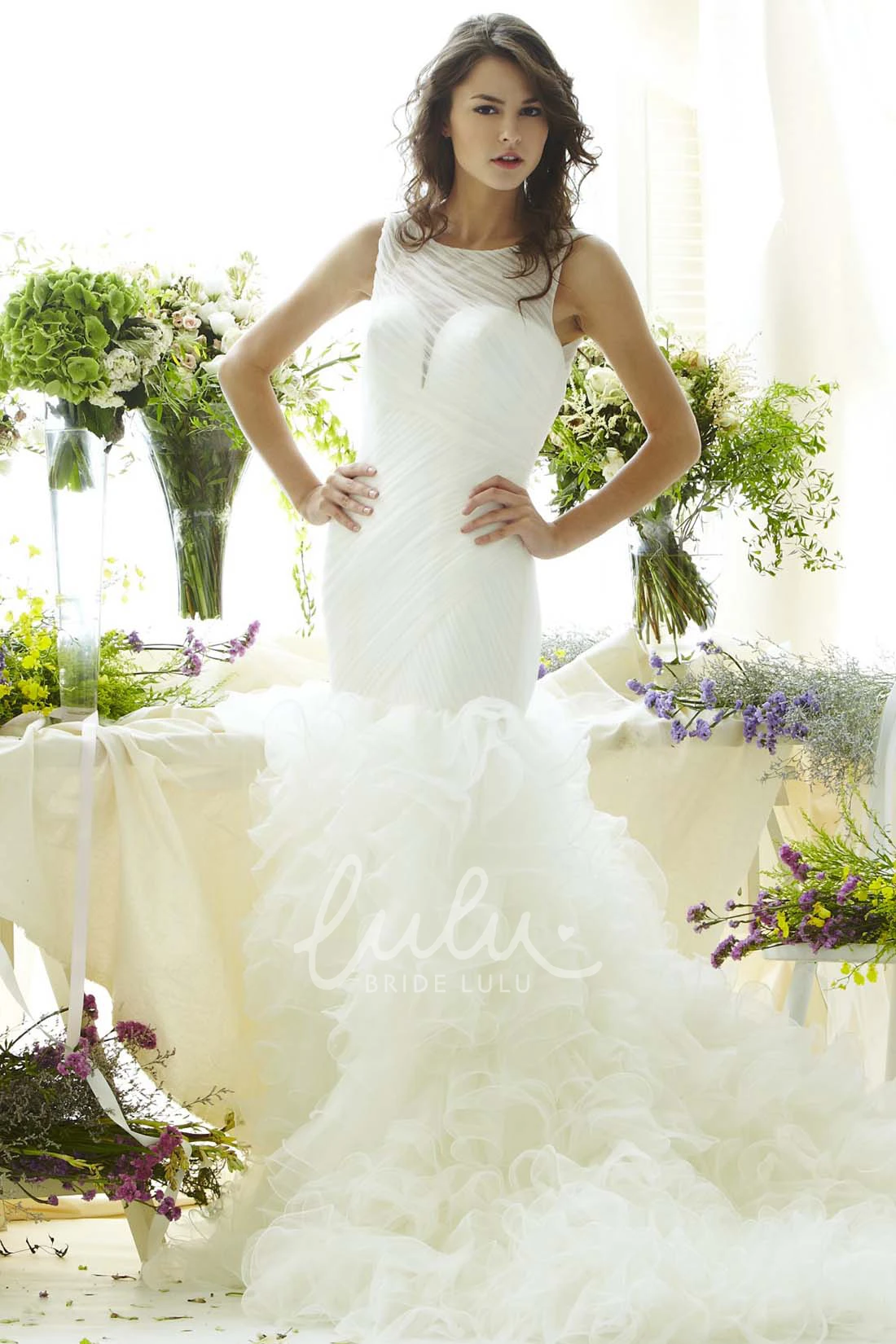 Sleeveless Ruffled Tulle Wedding Dress with Illusion Back Trumpet Style