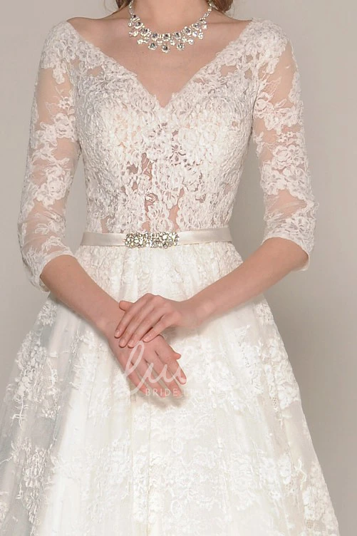Lace V-Neck A-Line Wedding Dress with Appliques and 3/4 Sleeves
