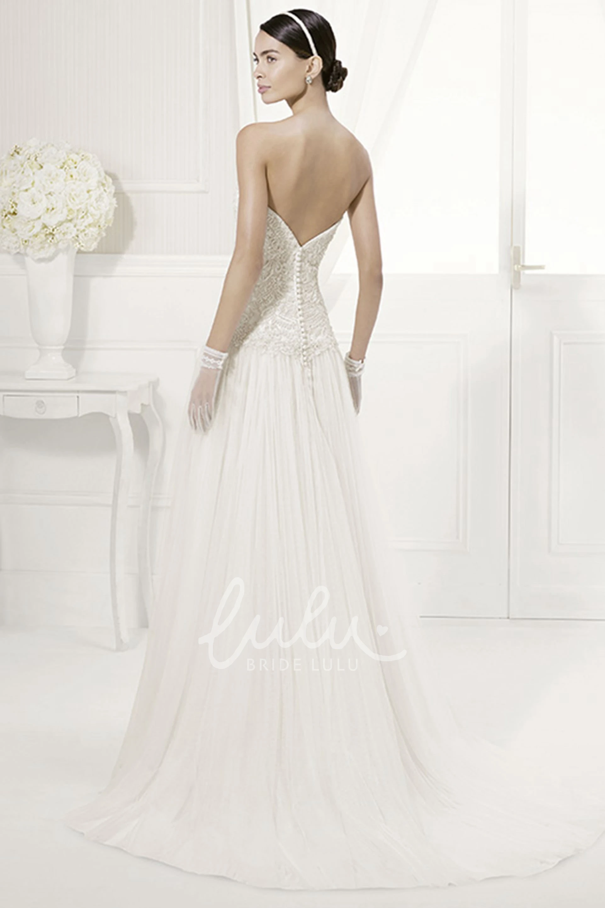 Lace Backless Sweetheart Drop Waist Wedding Dress with Tulle Skirt