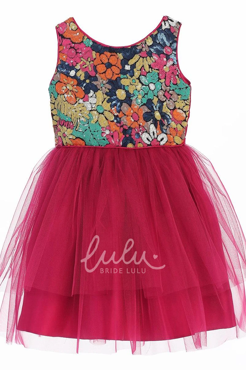 Floral Tulle Sequin Flower Girl Dress Tea-Length with Ribbon