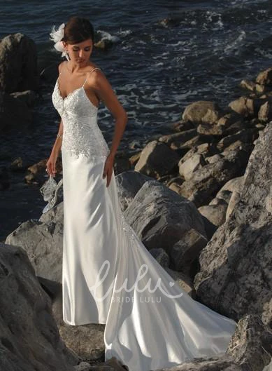 Satin Sheath Column Wedding Dress with Spaghetti Straps Modern Bridal Gown
