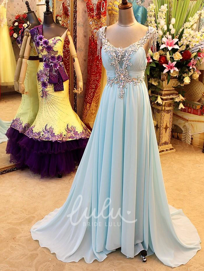 A-Line Backless Blue Prom Dress with Crystal Beading and Blingbling Details