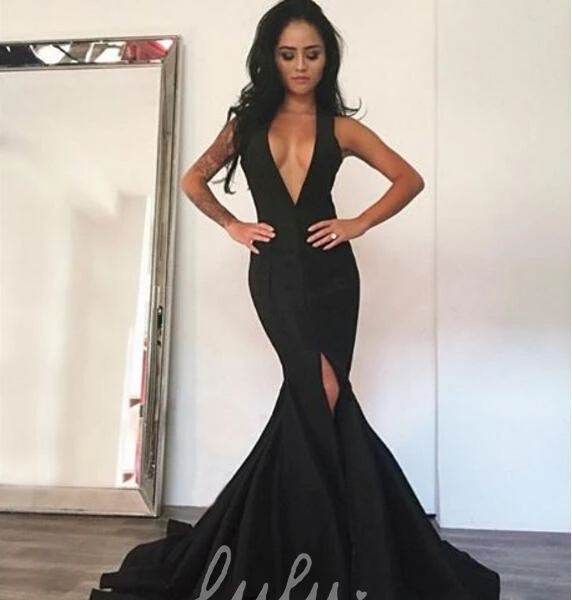 Sexy Black Deep V-Neck Prom Dress Front Split Dress