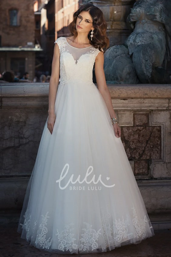 Cap-Sleeve Tulle A-Line Wedding Dress with Appliques Modern Bridal Gown