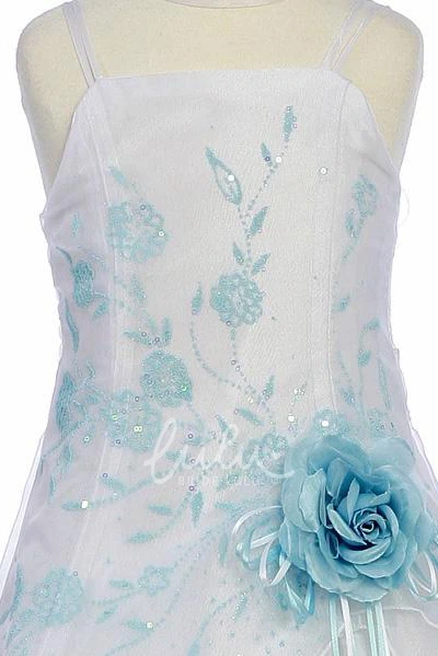 Ankle-Length Organza Flower Girl Dress with Floral Cape and Spaghetti Straps