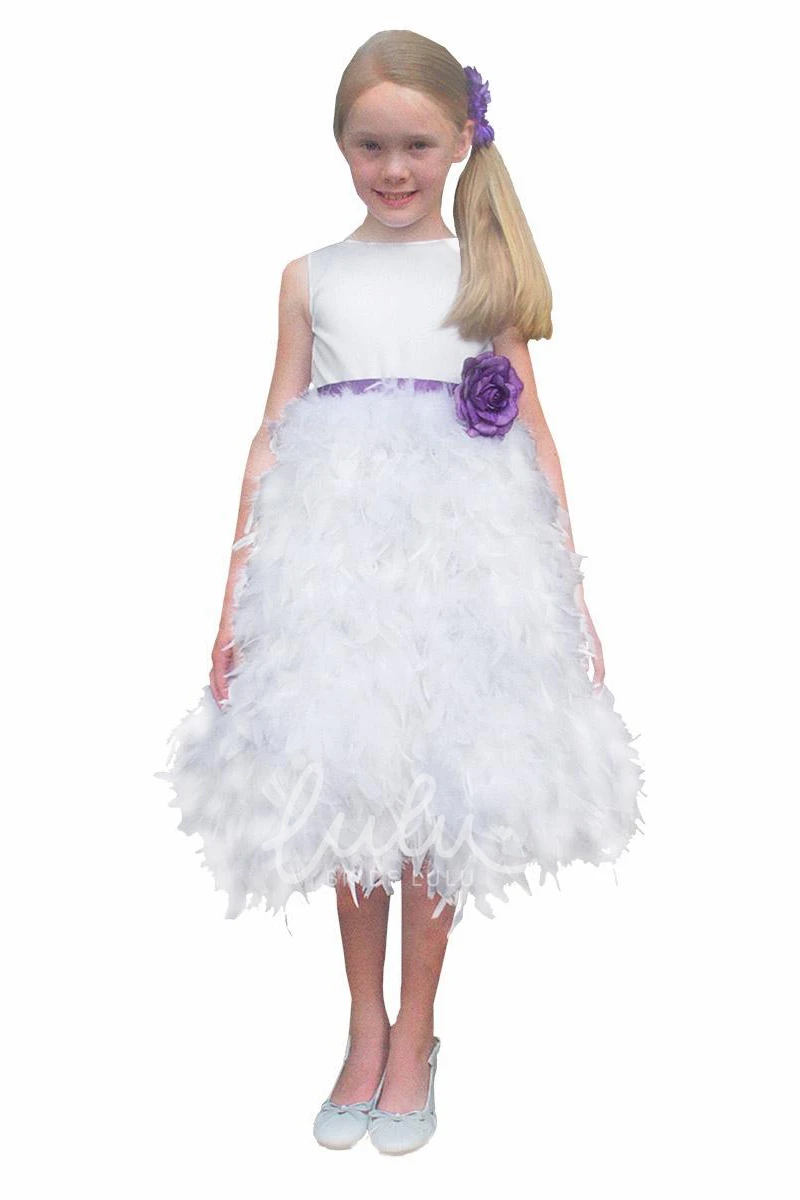 Sleeveless V-Neck Satin Tea-Length Flower Girl Dress with Pleats