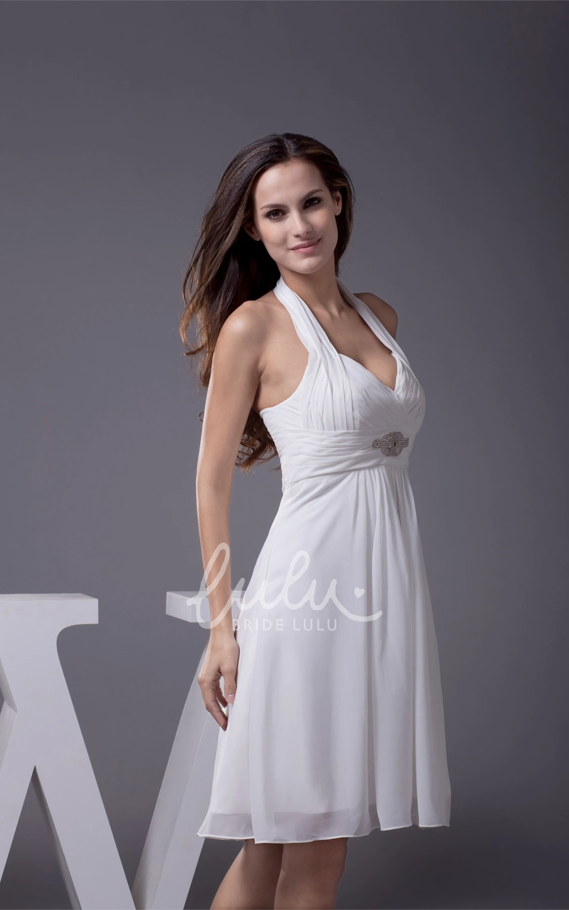 Halter A-Line Dress with Ruching and Beadings Knee-Length Sleeveless Classy