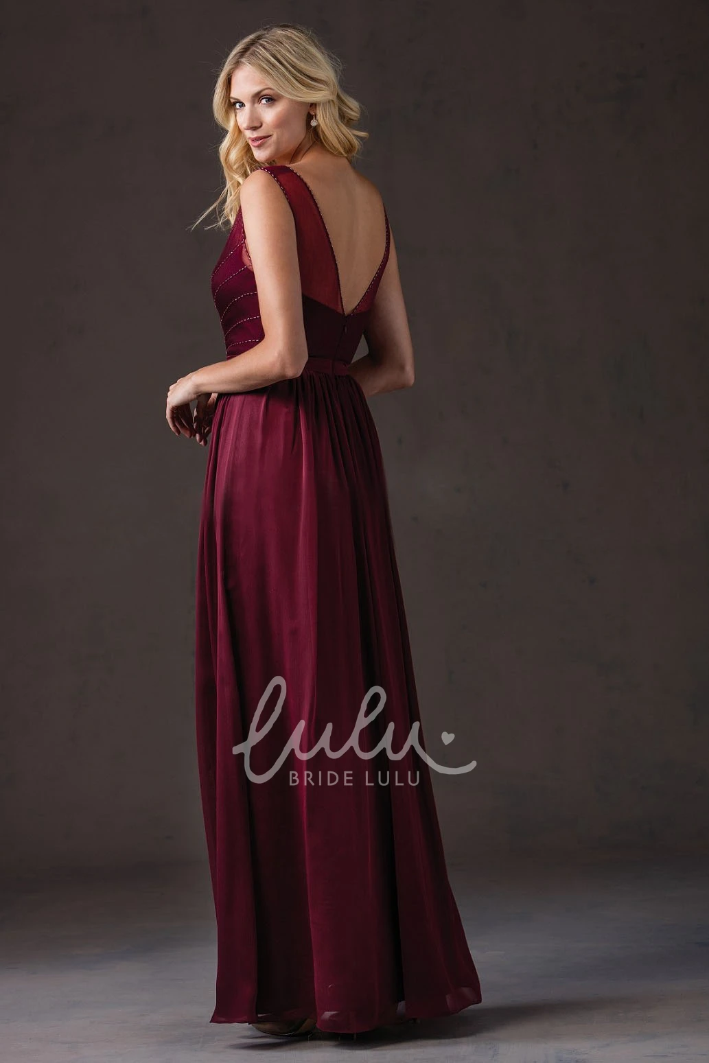 Long Sleeveless V-Neck Bridesmaid Dress with Illusion Style and Beadings