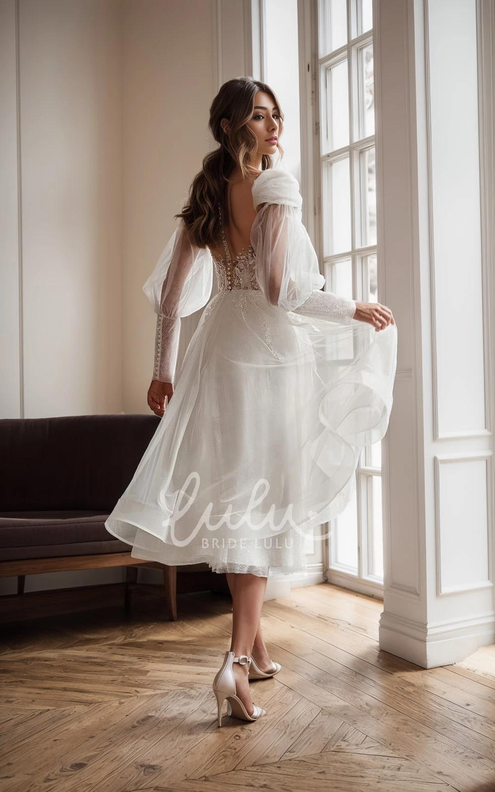 A-Line Tea Length Vintage Boho Bridal Gown with Long Sleeve Garden Wedding Dress