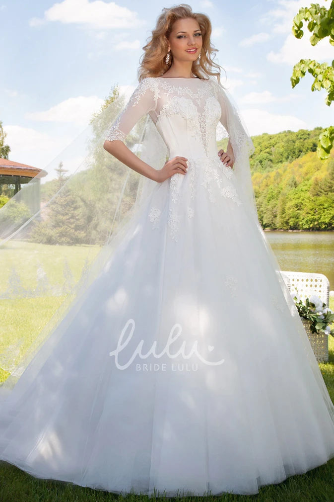 Appliqued Tulle Ball Gown Wedding Dress With Illusion Neckline and Sleeves