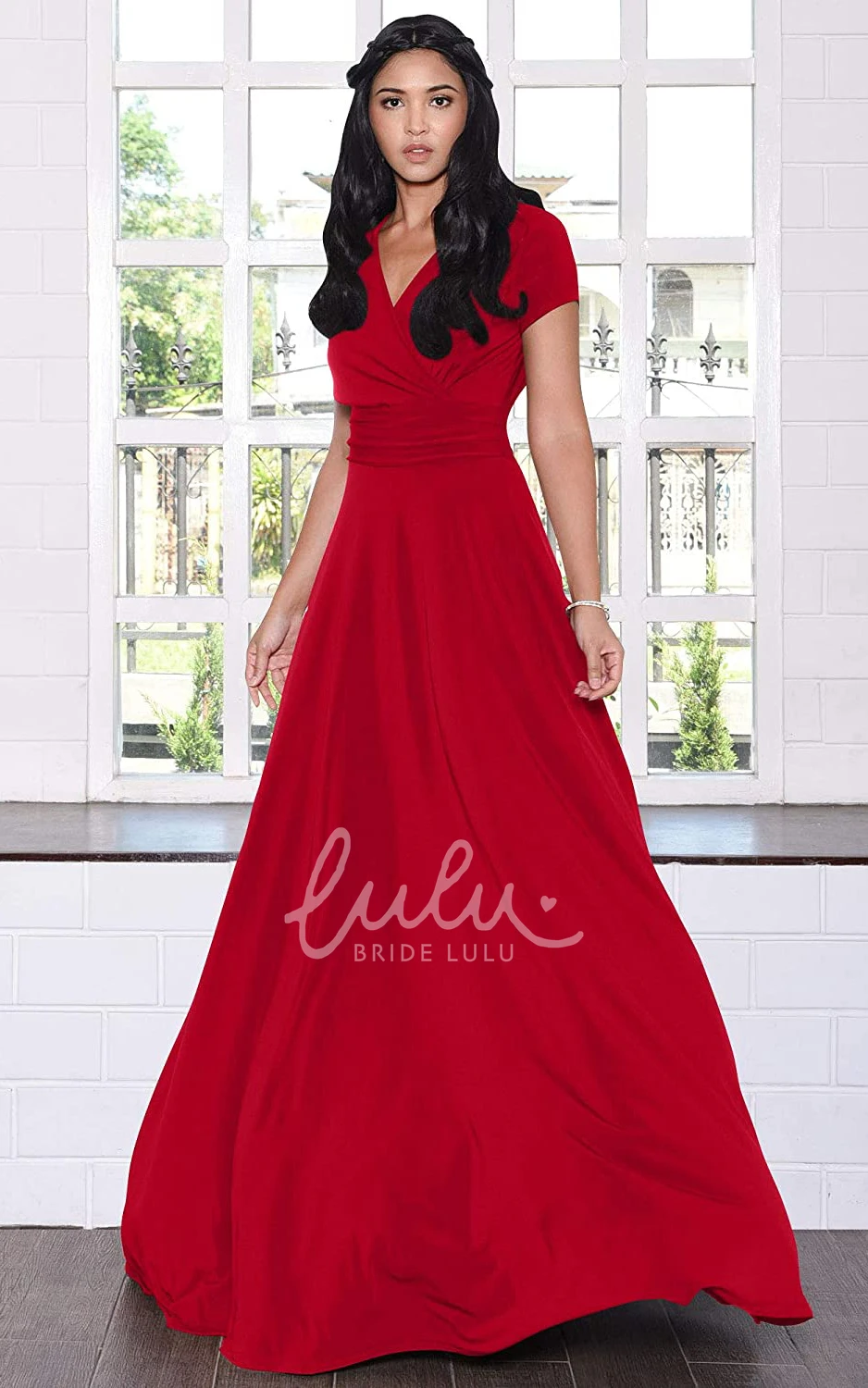 Simple Jersey V-neck A-line Evening Dress with Criss Cross and Pleats Prom Dress