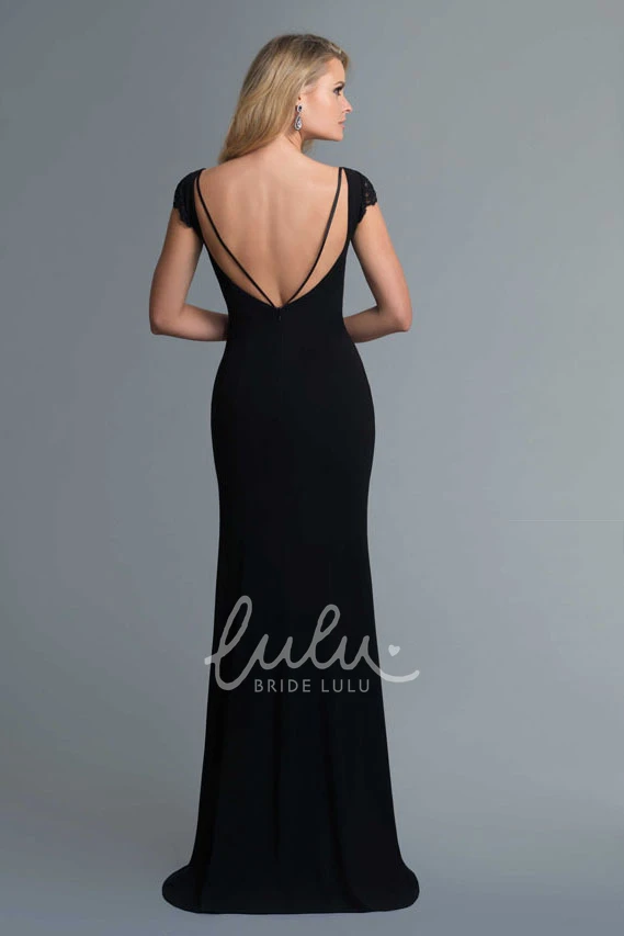 Modern Cap-Sleeve Jersey Formal Dress with Deep-V Back and Lace