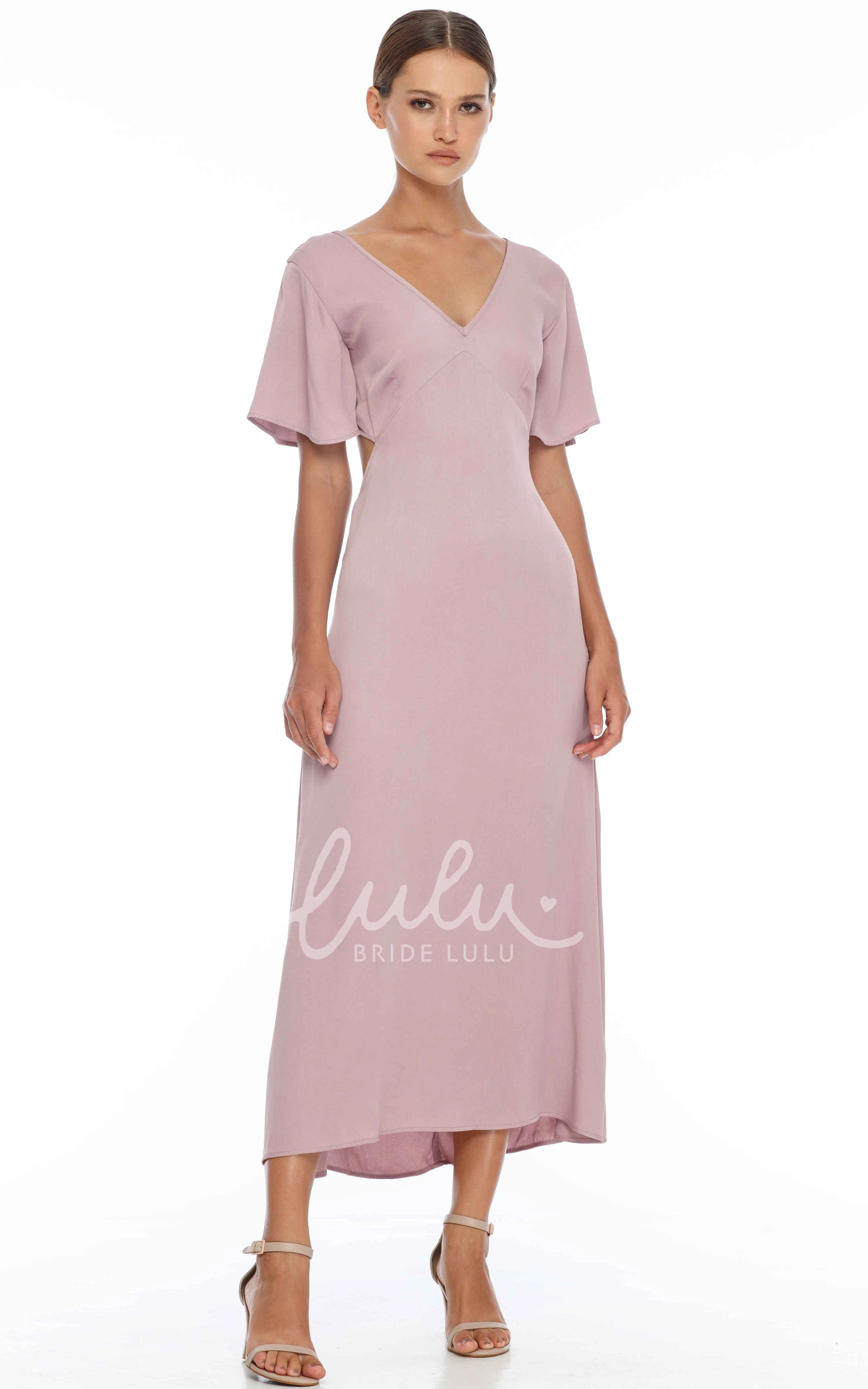 Elegant Chiffon V-neck Bridesmaid Dress with Open Back and Bow Casual Bridesmaid Dress