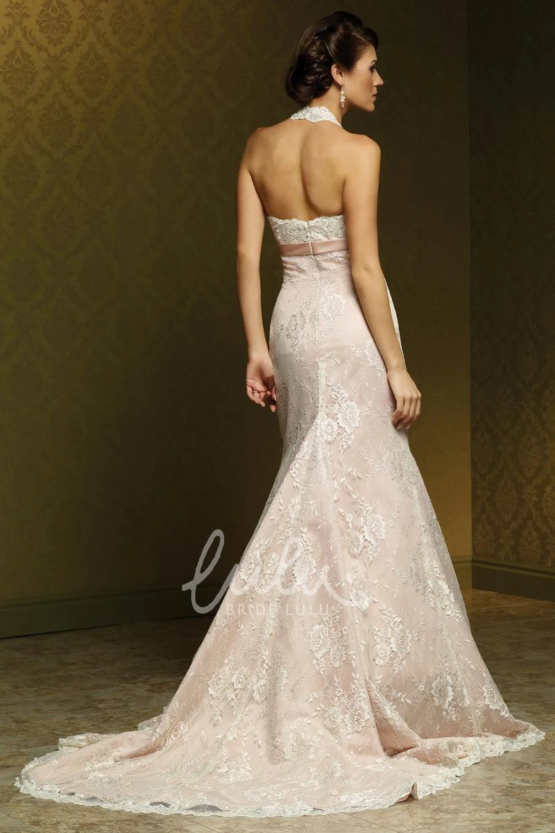Lace V-Neck Wedding Dress with Bow and Pleats Sheath Floor-Length