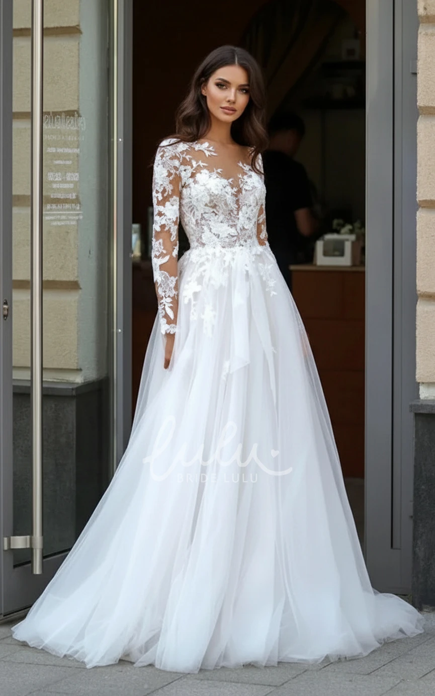 Elegant Lace Applique A-Line Wedding Dress with Long Sleeves V Neck and Train Backless Tulle Bridal Gown