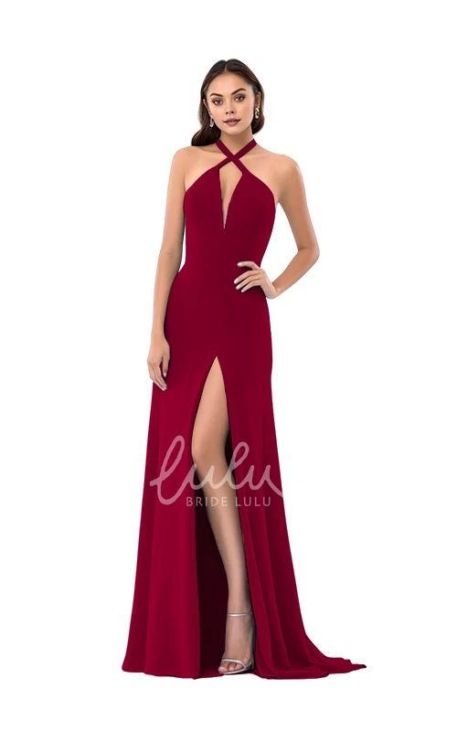 Modern Plunging Neck Satin Bridesmaid Dress Sheath Split Front Classy