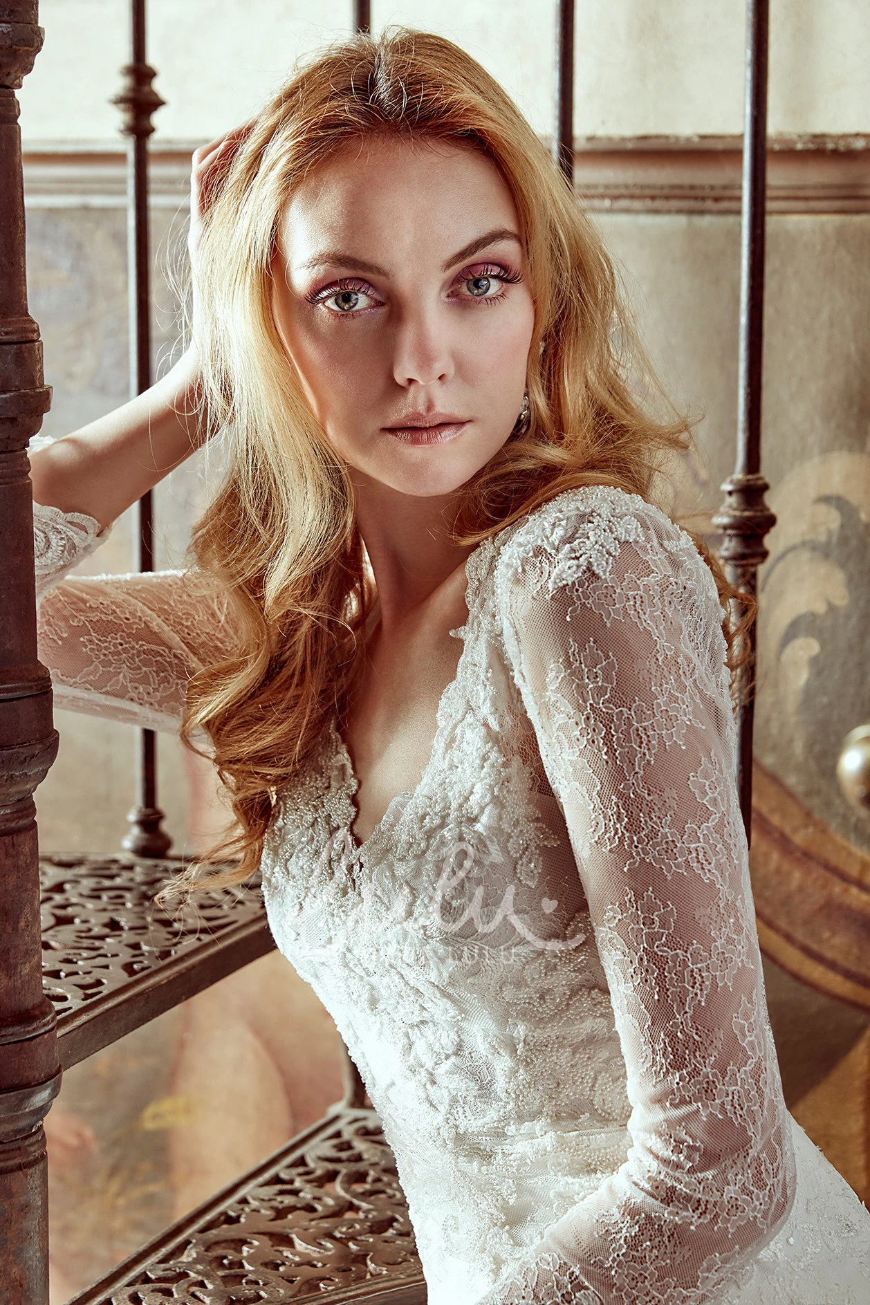 Lace Long-Sleeve Wedding Dress with Low-V Neck and Illusive Back Elegant Wedding Dress 2025