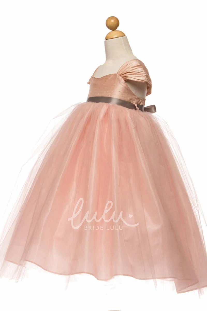 Cap-Sleeved Tulle & Satin Empire Tea-Length Flower Girl Dress with Ruching