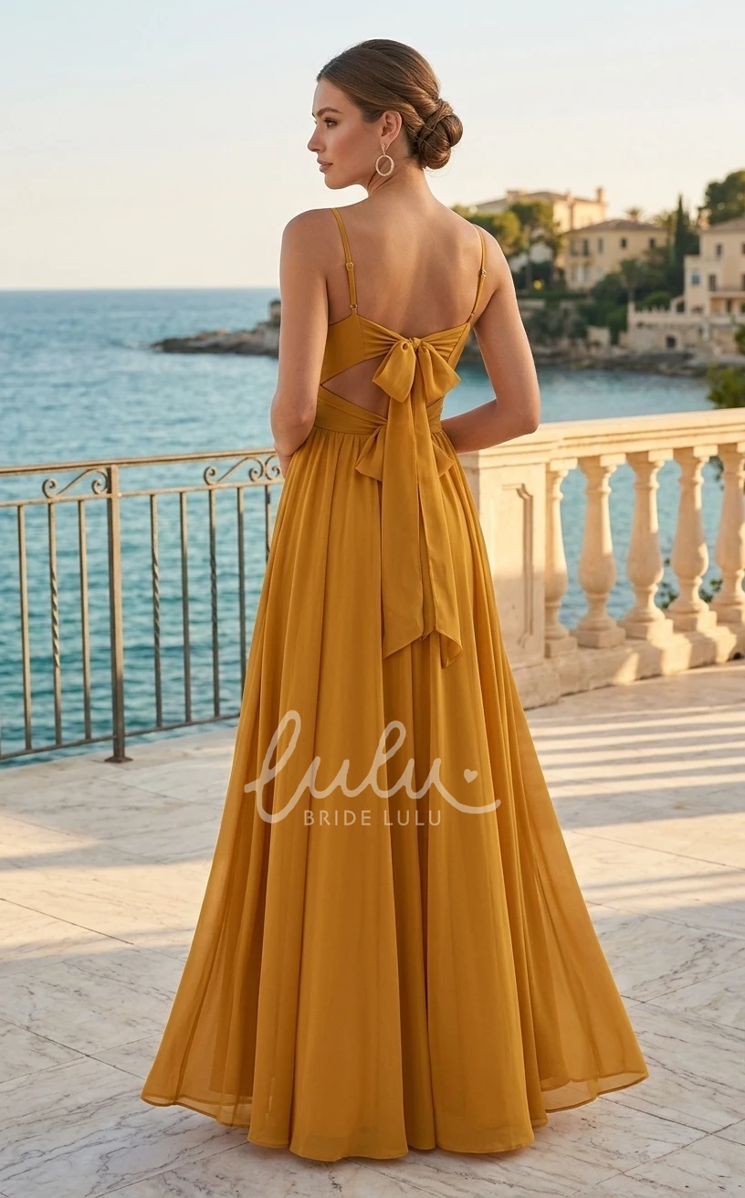 Solid Casual Chiffon A-Line Spaghetti V-neck Bridesmaid Dress Modern Simple Plus Size Floor-length Straps Sleeveless Tied Back Split Front Evening Dress