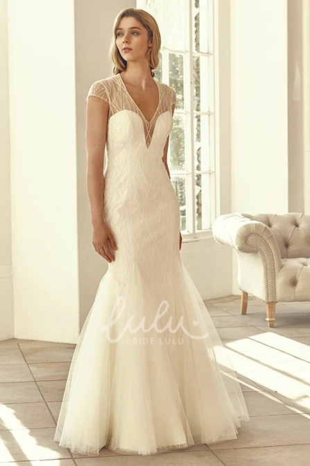 Beaded Tulle V-Neck Wedding Dress with Cap Sleeves Elegant Bridal Gown