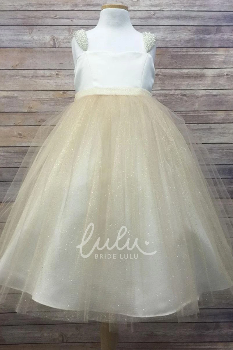 Beaded Tulle Satin Flower Girl Dress with Cap Sleeves in Tea-Length