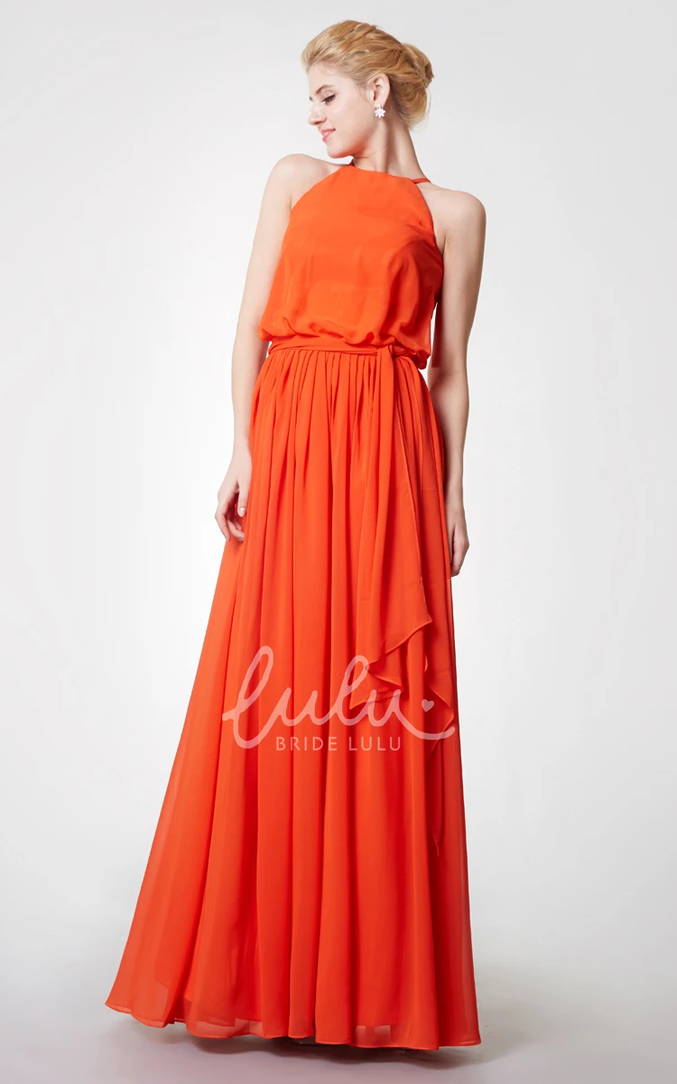 Long Chiffon Halter Bridesmaid Dress with Flowy Skirt