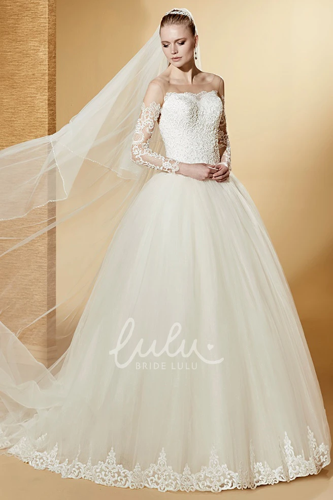 Long-Sleeve Lace Applique Bodice Ball Gown with Illusive Neckline Lovely and Classy