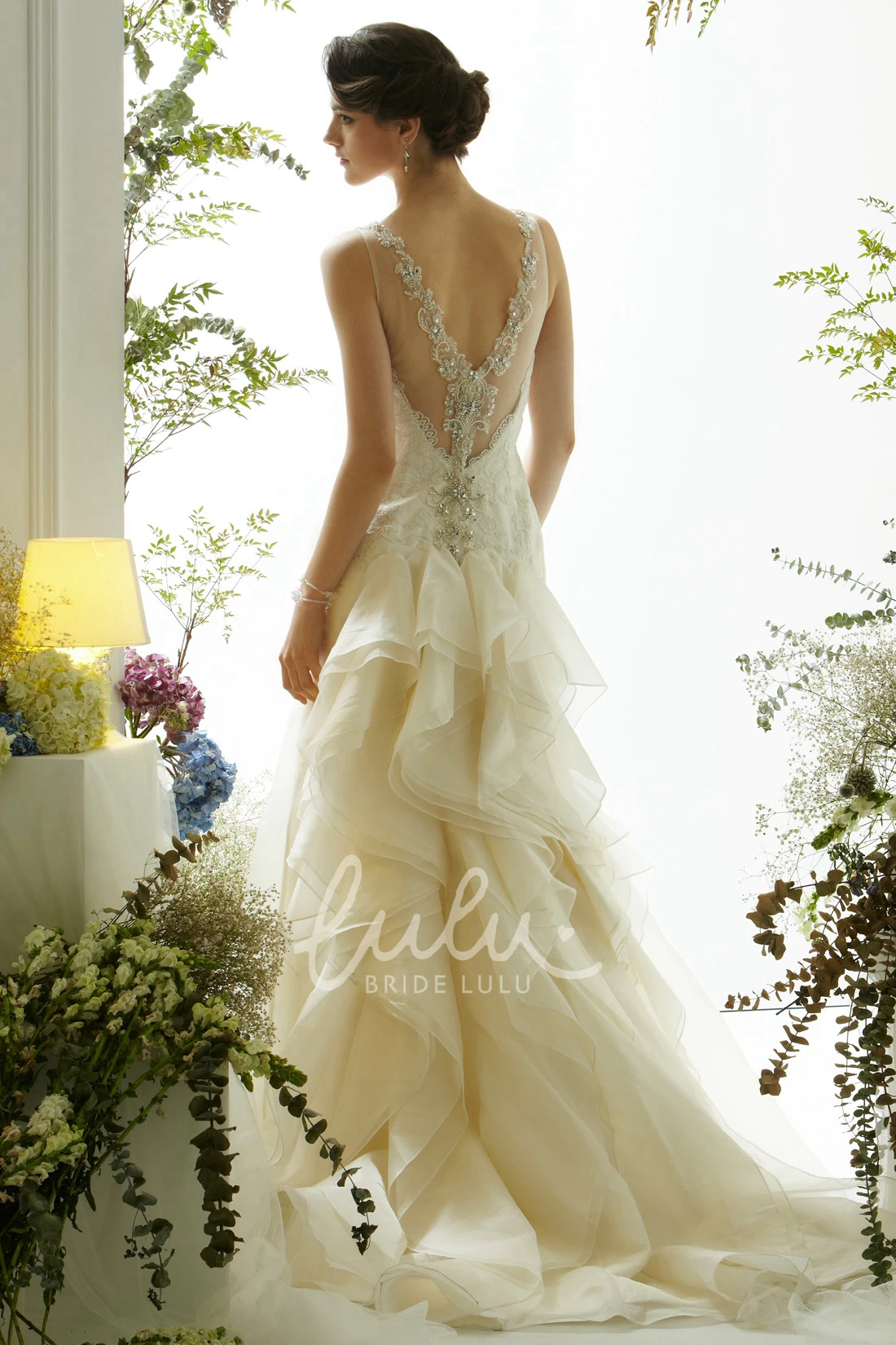 Beaded Trumpet Sleeveless Wedding Dress with Ruffles Long Bridal Gown