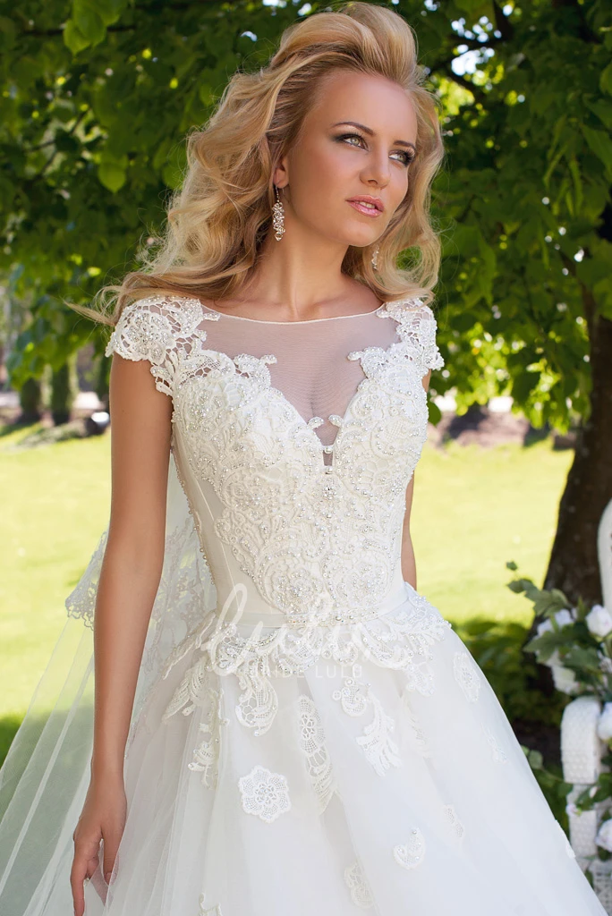 Appliqued Tulle Wedding Dress Ball Gown Cap Sleeve Bateau Neck