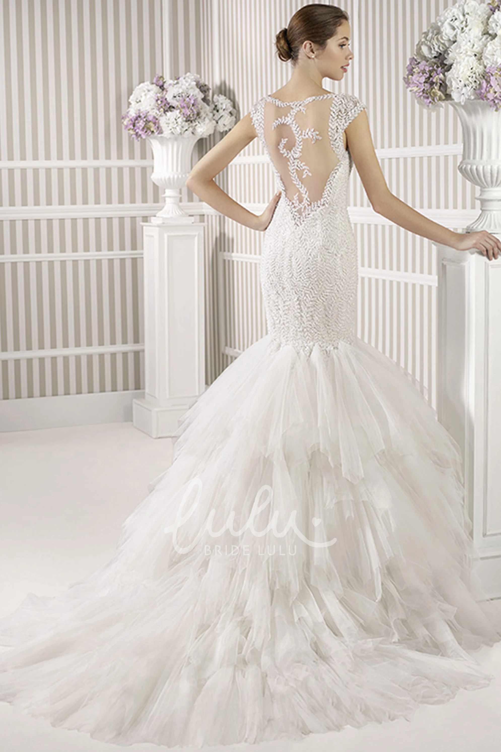 Mermaid Tulle Wedding Dress with Cascading-Ruffle Flower and Beading in Floor-Length