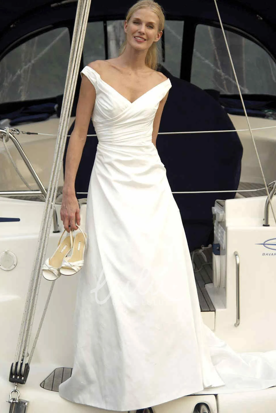 Satin Wedding Dress with V-Neckline and Criss Cross Detail