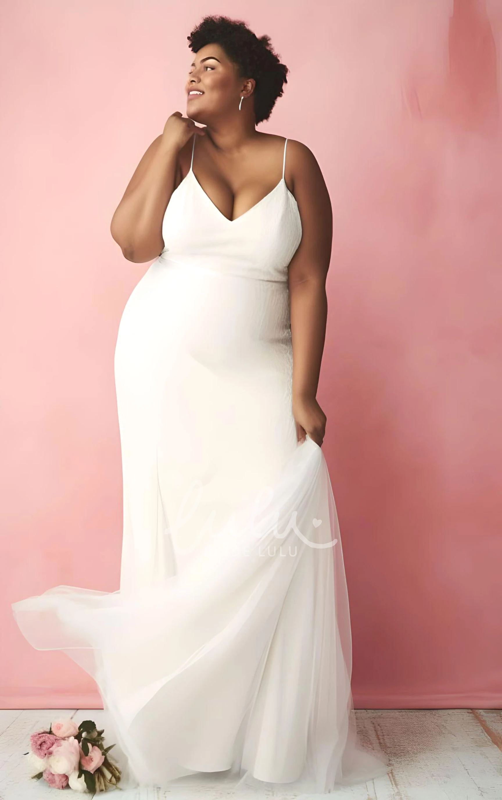Plus Size Mermaid Chiffon Wedding Dress Sleeveless Spaghetti V-neck Boho Simple Elegant Sexy