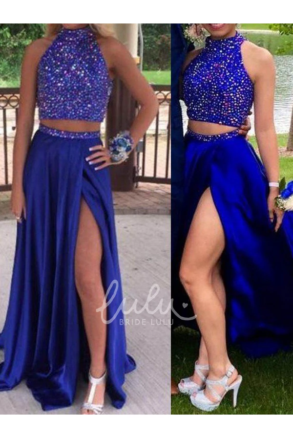 Satin Halter A-Line Sleeveless Formal Dress with Sequins