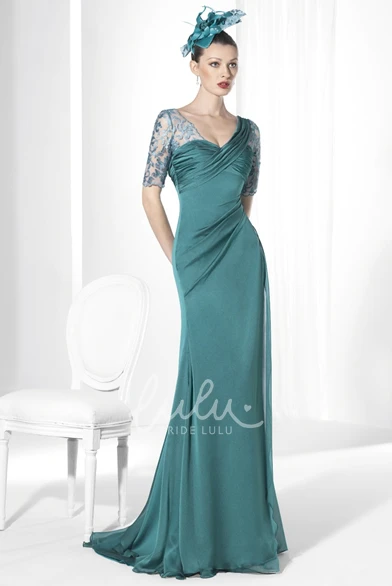 Embroidered V-Neck Sheath Prom Dress with Ruching Floor-Length