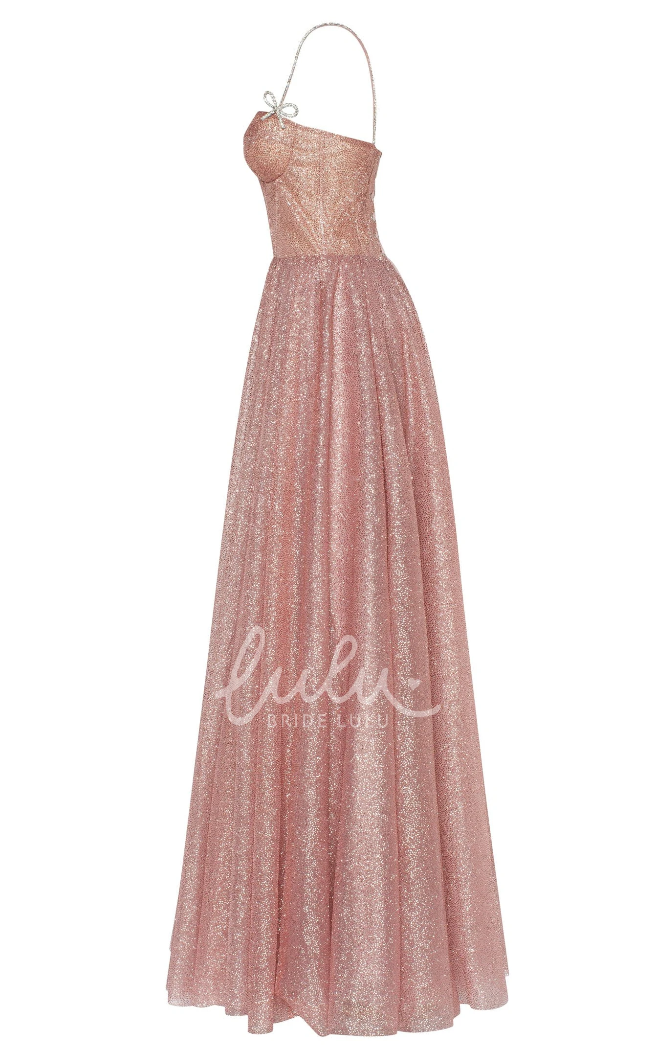 Romantic Sequins Spaghetti Formal Dress with Lace-up Back and Bow Women's Evening Gown