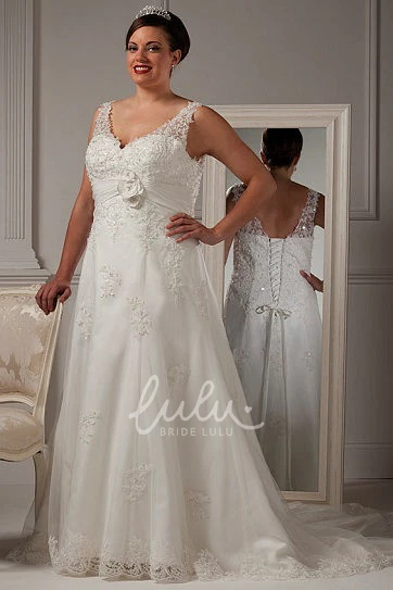 V-Neck Lace Wedding Dress with Floral Waist and Lace-Up