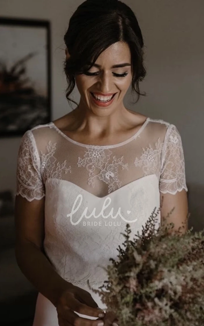 Simple Casual A-Line Boho Wedding Dress Romantic Illusion Short Sleeves Low Back Bridal Gown