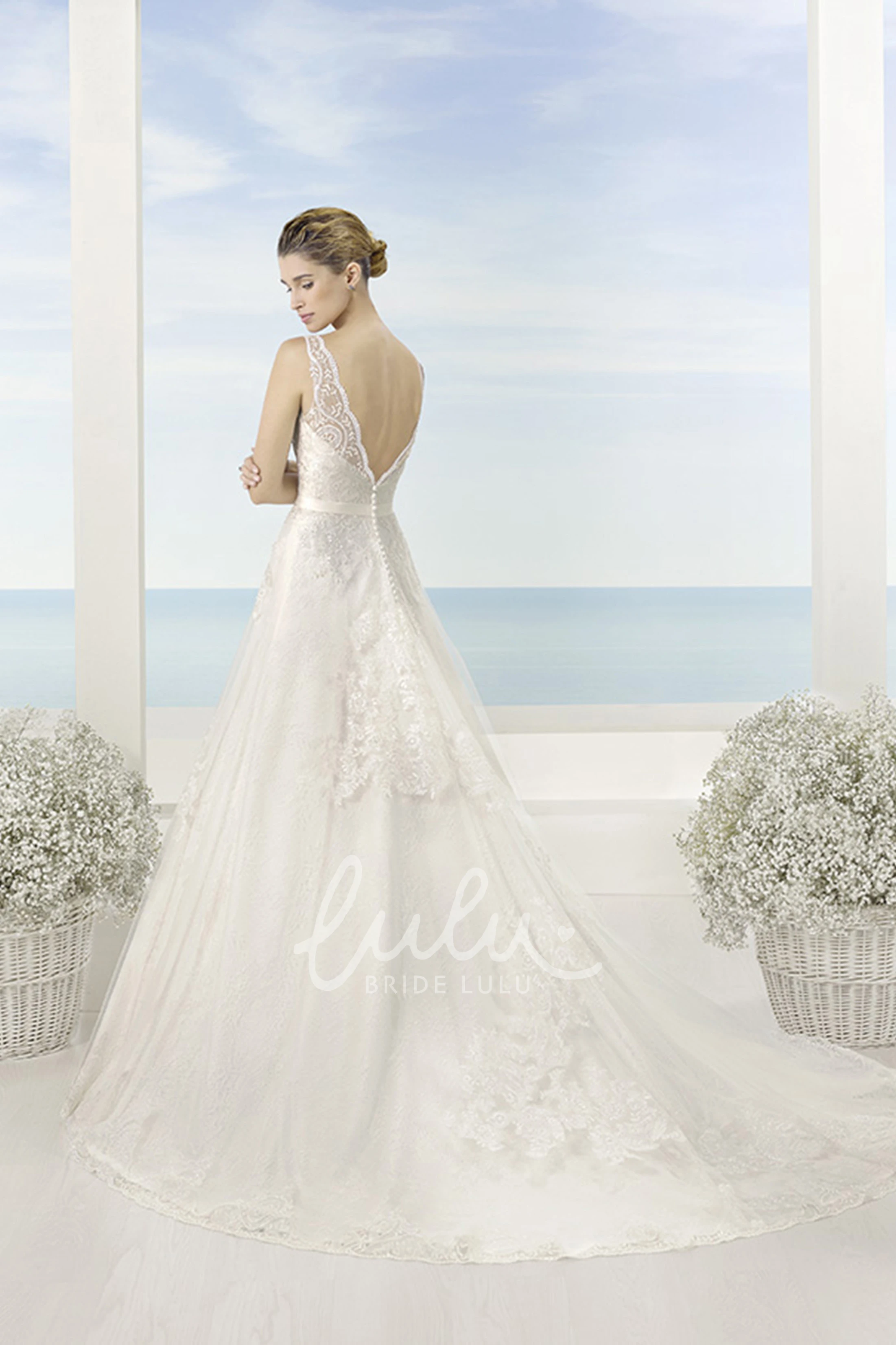 Bateau Maxi Lace & Satin Wedding Dress with Appliques & Deep-V Back A-Line