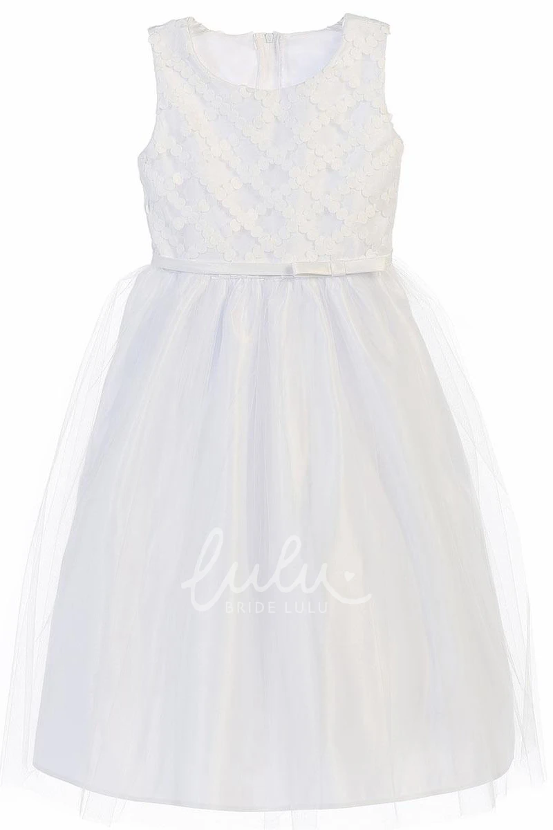 Sleeveless Tea-Length Tulle and Satin Girl Dress with Bow