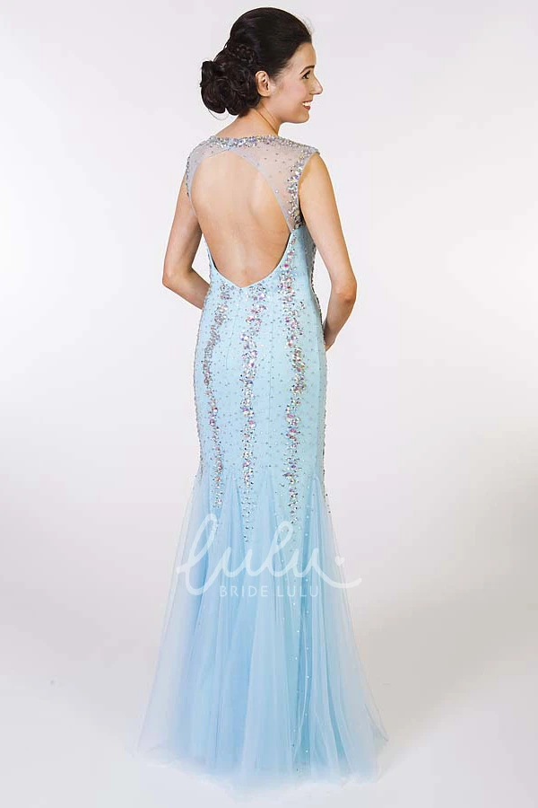 Sleeveless Beaded Sheath Tulle Prom Dress Scoop-Neck Floor-Length