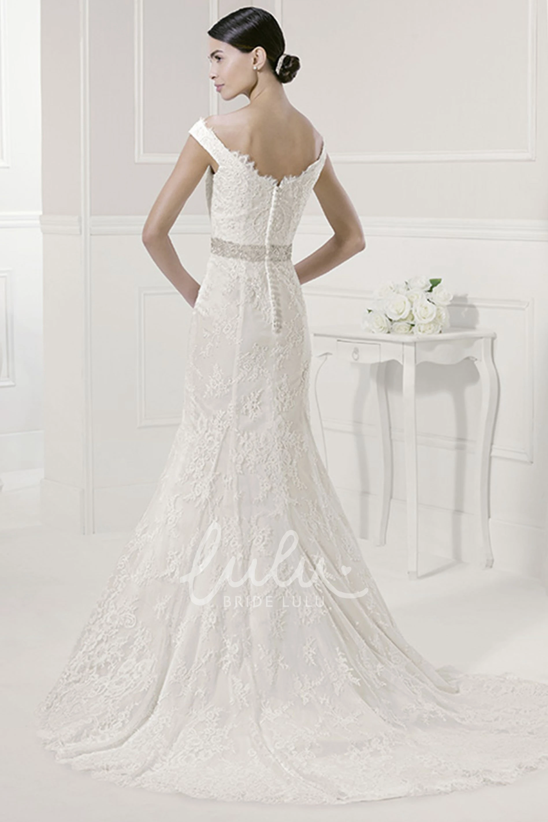 Off Shoulder Mermaid Lace Wedding Dress with Scalloped Neckline and Sash