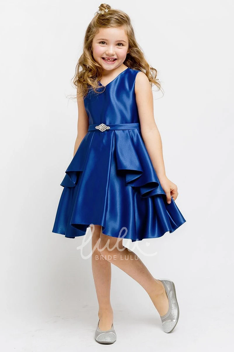 Satin Flower Girl Dress Knee-Length with Split Front Beading and Sash