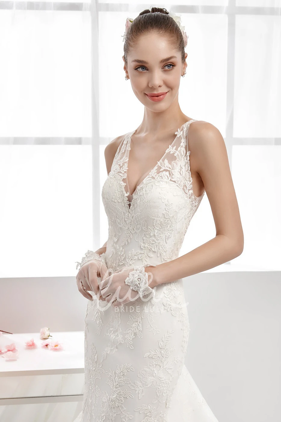 Lace Mermaid Wedding Dress with Illusive Straps and Brush Train