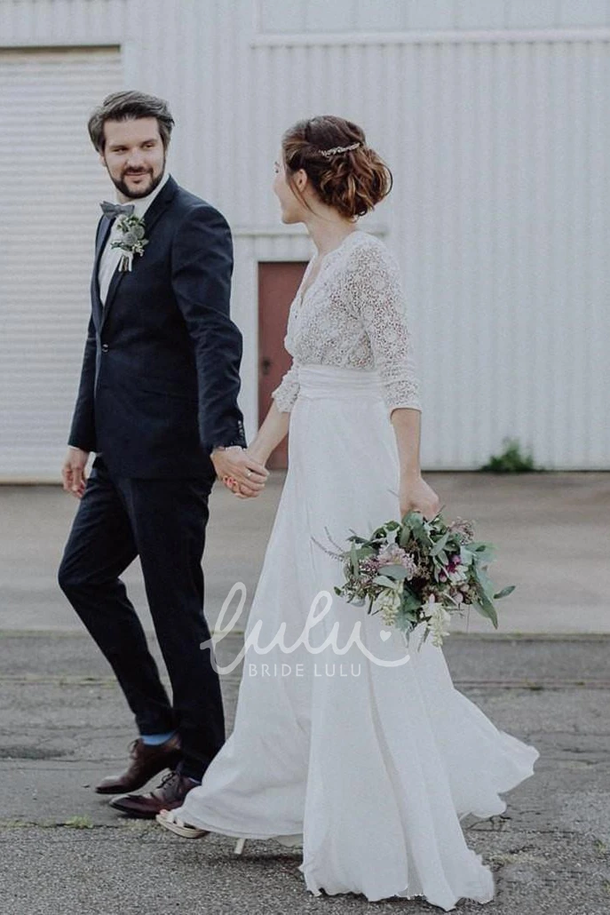 Chiffon and Lace Scalloped Plunging Wedding Dress Ethereal & Modern