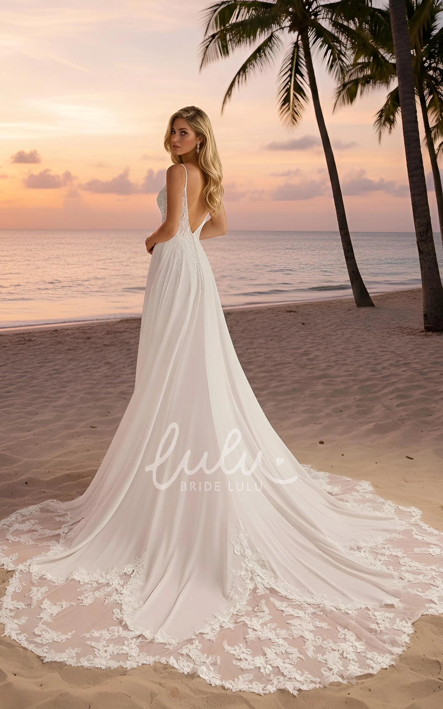 Bohemian Lace A-Line Wedding Dress Beach Spaghetti Chiffon Bridal Gown with Open Back
