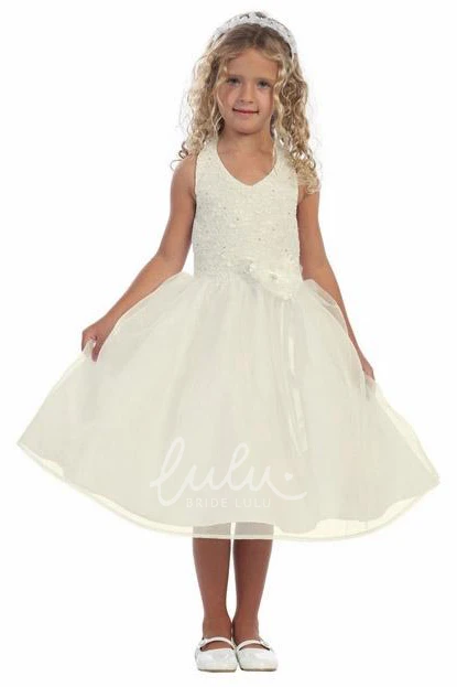 Floral Lace Tea-Length Flower Girl Dress with Beading Elegant Wedding Dress